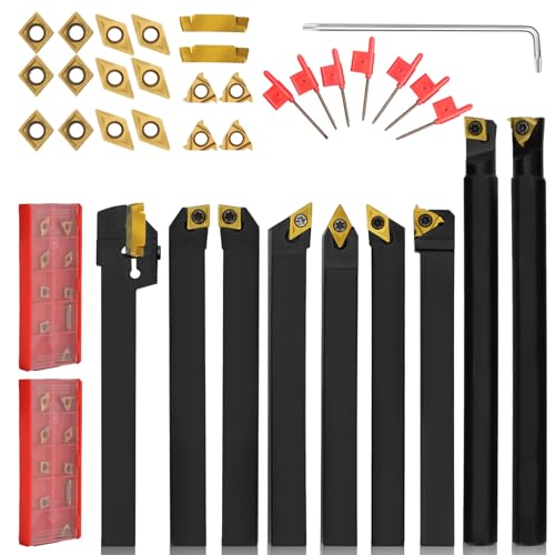 Indexable Lathe Turning Tool 27Pcs Kit 1/2'' 12mm Shank, 9Pcs Metal Lathe Tools Holder Set with 18Pcs Inserts, for Turning Grooving Threading Boring, Lathe Tooling with Reverse Tool Design - style: 9pcs 1/2'' 12mm Shanks+18pcs Inserts