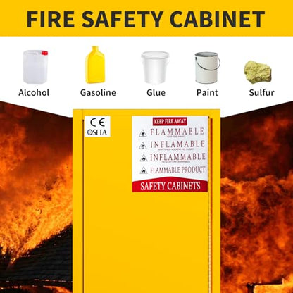 Flammable Storage Cabinet 65"H x 23"D x 18"W, Yellow Galvanized Steel Safety Cabinet, Adjustable Shelf Fireproof Cabinet with 3-Point Key Lock, for Commercial Industrial and Home Use - size: 65”H × 23“D × 18”W