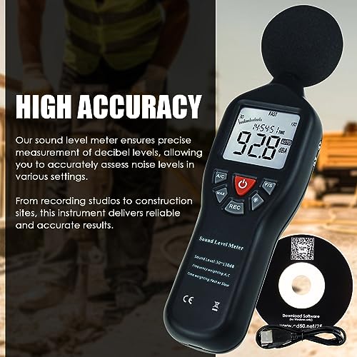 Decibel Meter Sound Level Meter Data Logger with CD Software Audio Decibel Noise Measure Tester 30 – 130 dB Audio Noise Measuring Range with Backlit LCD Display, Data Record Function