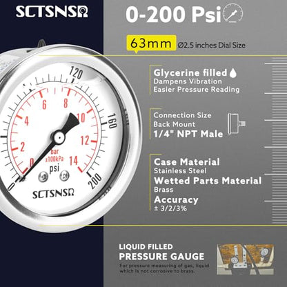 0-200 Psi Pressure Gauge, Liquid Filled, 1/4" NPT Back Mount - size: 0-200 Psi, style: Back Mount