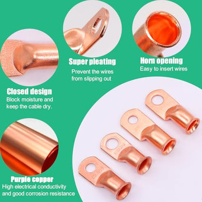 Twidec/32PCS Battery Cable Ends 1/0 AWG 2/0 AWG Heavy Duty Copper Lugs 0 Gauge 00 Gauge Copper Cable Wire Lugs,Coppers Ring Terminals 5/16" and 3/8" with Heat Shrink Tube - color: 32PCS