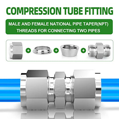 TAISHER 5PCS 304 Stainless Steel Compression Tube Pipe Fitting Connector, 3/8" Tube OD x 3/8" Tube OD Straight Adapter - size: 3/8" OD