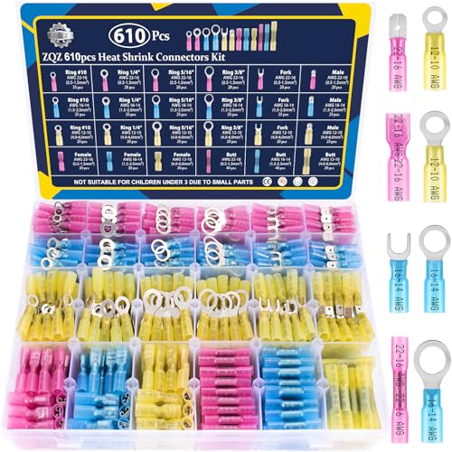 ZQZ 610Pcs Heat Shrink Marine Wire Connectors Assortment Kit, Waterproof - size: Heat Shrink