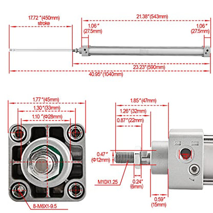 Heschen Tie-Rod Pneumatic Air Cylinder, SC 32-450, 32mm Bore, 450mm Stroke, PT 1/8 Port, Double Acting, Adjustable Cushion, Self-Lubricating Actuator for Industrial & Woodworking - size: 450mm Stroke
