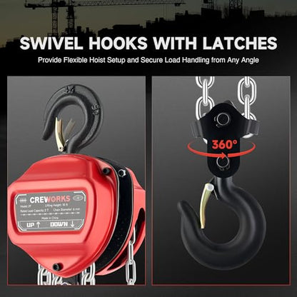 CREWORKS Hand Chain Hoist, 2 Ton 4400 lb Capacity 10 ft Manual Chain Hoist with G80 Load Chain & Double Guide Wheels, Heavy Duty Manual Lever Hoist for Construction Warehouse Automotive Factory - style: Triangle Hand chain hoist, 2 Ton, 10FT