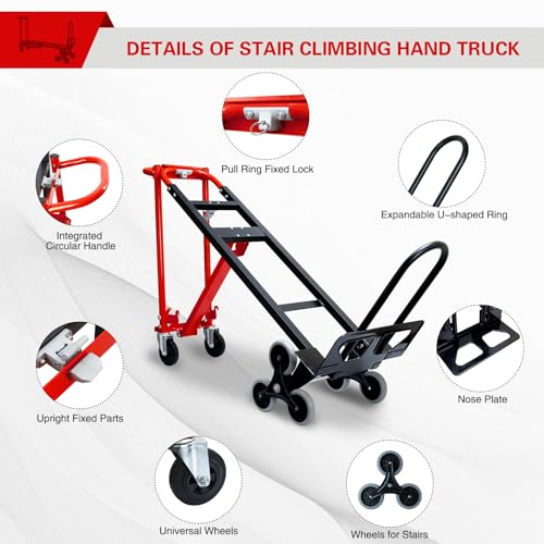 3 in 1 Stair Climbing Dolly Cart with Wheels 1000LBS(Red) - color: Red