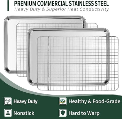 Quarter Sheet Pan with Cooling Rack Set [2 Baking Sheets + 2 Baking Racks], CEKEE Stainless Steel Cookie Sheets for Baking and Wire Rack - Rust & Warp Resistant & Nonstick, Size 12 x 9.8 x 1 Inch - size: 12*10*1Inch