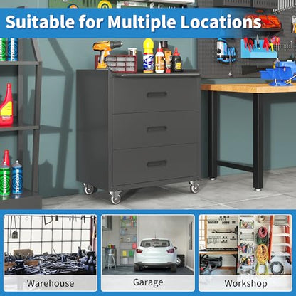 Mobile Garage Tool Storage Cabinet with 3 Drawers,Black Rolling Cabinet - color: Black, style: 3 drawer with wheels