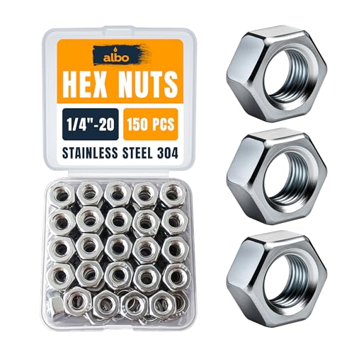 ALBO 150 PCS 1/4-20 Hex Nuts – Stainless Steel 304 SAE Nuts Set in Reusable Box – Hardware for Automotive & DIY – 1/4 20 Nuts - size: 1/4"-20, 150pcs