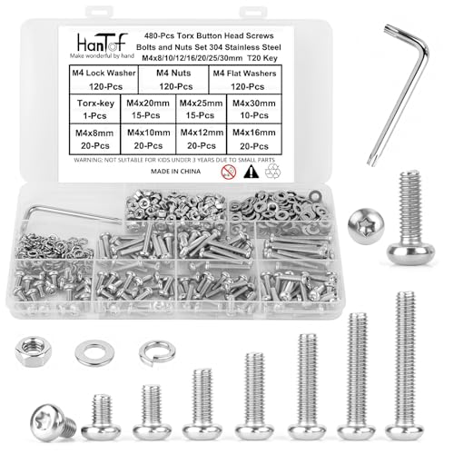 480Pcs M4 Torx Bolts and Nuts Set, Round Head Torx Screws Bolts, Pan Head Machine Screws, Security Anti-Theft Screw, 304 Stainless Steel, Full Thread Pitch : 0.7 mm, with T20 Wrench. - color: Stainless Steel, size: M4 Torx Pan Kit