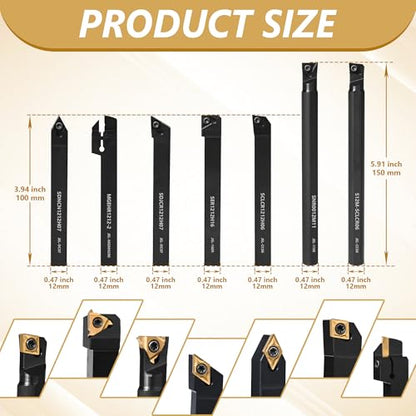 VerRich 28Pcs Kit Indexable Lathe Turning Tools,7PCS 1/2"12mm Shank Boring Bar Metal Turning Tool Holder with 21pcs Carbide Inserts for Boring Cutting Grooving Turning Threading - size: 7PCS 1/2"12mm Holders+21PCS Inserts