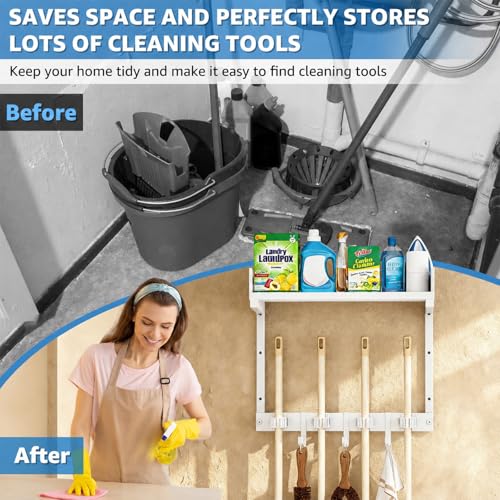 Mop Broom Holder Wall Mount with Top Shelf, Broom Organizer Wall Mount - color: White, size: Small
