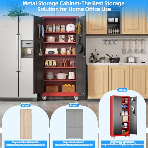 Reemoon 71"H Metal Garage Storage Cabinet,Tool Cabinet with Wheels,Pegboard - color: Red-black, size: 16"D x 32"W x 71"H