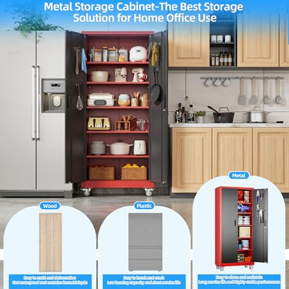 Reemoon 71"H Metal Garage Storage Cabinet,Tool Cabinet with Wheels,Pegboard - color: Red-black, size: 16"D x 32"W x 71"H