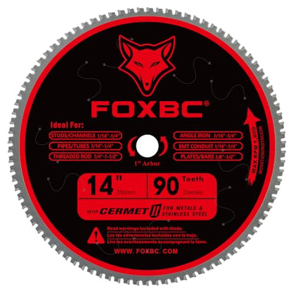 FOXBC 14 Inch Stainless Steel Metal Cutting Saw Blade 90 Tooth for Evolution 14 Inch Metal Saw and Other Low RPM saws, Cermet Carbide Up to 5X Longer Life - size: Stainless Steel