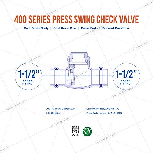 Midline Valve 622S334 Swing Check Valve, Backflow Prevention, 1-1/2 in. Press Connections, Cast Brass - size: 1-1/2 in., style: Single Pack