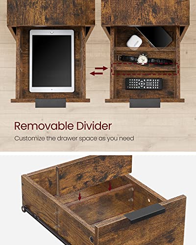 VASAGLE Side End Table with Charging Station, Slim Nightstand with Storage - color: Rustic Brown + Ink Black, size: 23.6"D x 13.8"W
