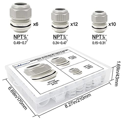 LeMotech 28 Pack NPT 1/4" 1/2" 3/4" Cable Glands Kit Waterproof Adjustable 4-18mm Cable Connectors Grey Nylon Joints with Gaskets in PP Box - color: Grey, size: 1/4inch, 1/2inch, 3/4inch 28-pack