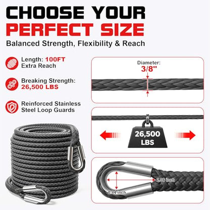 Synthetic Winch Rope Extension - 3/8" x 100ft 27000 lbs Heavy Duty Extension Winch Line Cable Replacement for ATV UTV Off Road Vehicle Jeep Truck - Grey - color: Grey, size: 3/8 Inch x 100 Feet