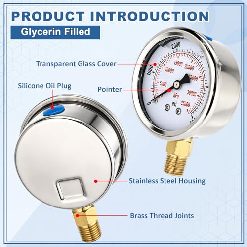 0-5000 Psi 6 Pcs Glycerin Liquid Filled Oil Pressure Gauge, White - color: White, style: 0-5000 Psi