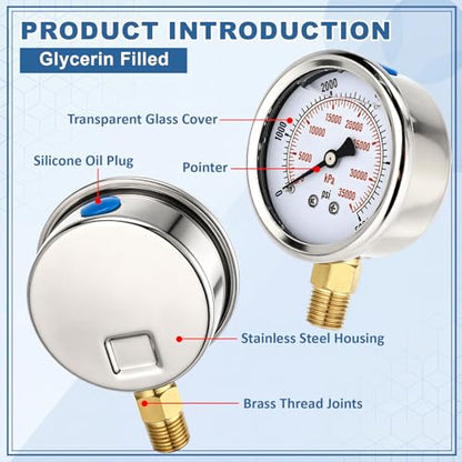 0-5000 Psi 6 Pcs Glycerin Liquid Filled Oil Pressure Gauge, White - color: White, style: 0-5000 Psi