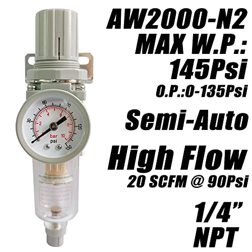 1/4" NPT Air Filter Pressure Regulator Combo Water Separator for Air Compressor Line Semi-Auto Drain 5 Micron Brass Element 0-150 psi Gauge - size: 1/4" NPT