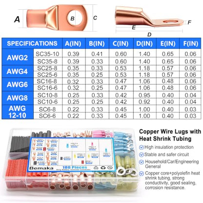 180Pcs Copper Wire Lugs Kit, Battery Cable Ring Terminal Connector with Heat Shrink Tubing, AWG 2 4 6 8 10 12 14 16 Gauge Heavy Duty Wire Connectors Terminal Set for Car Solar Marine RV Wiring - size: 180Pcs