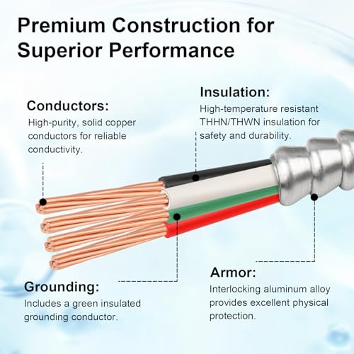 XRDS -RF 6 AWG/3 Metal Clad (MC) Armor Cable with Ground, 5FT 6/3 Stranded Copper Conductors for EV Chargers, Ranges, and Heavy-Duty Feeders, Flexible Aluminum Armor, THHN/THWN Insulation - size: 5FT