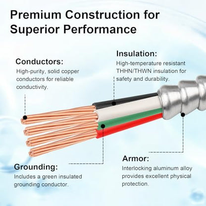 XRDS -RF 6 AWG/3 Metal Clad (MC) Armor Cable with Ground, 10FT 6/3 Stranded Copper Conductors for EV Chargers, Ranges, and Heavy-Duty Feeders, Flexible Aluminum Armor, THHN/THWN Insulation - size: 10FT