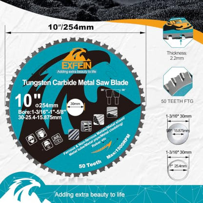 10 Inch 50T Metal Circular Saw Blade - EXFEIN Tungsten Carbide Tipped Saw Blade Arbor 1-3/16" for Metal Sheet or Pipe, Angle Iron, Rebar, Ferrous Metals, Non-Ferrous Metals - size: 10"