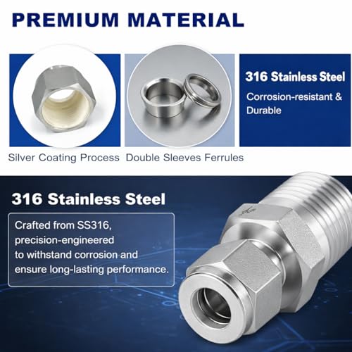 6mm OD x 1/4" NPT Male Compression Fitting, 316SS Straight Union