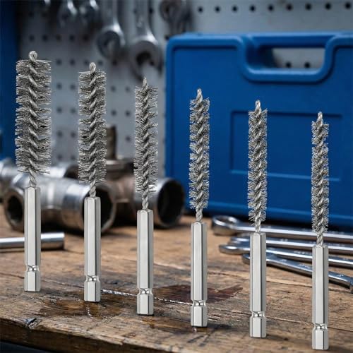 6 PCS Stainless Steel Wire Bore Brush Set, 1/4" Hex Shank Bore Brush for Drill, Twisted Wire Cleaning Brush, 8/10/12/15/17/19mm for Rust Removal & Pipe Tube Cleaning