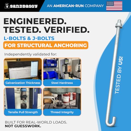 Sandbaggy 1/2" x 18" Threaded Concrete Anchor L-Bolts (Nuts & Washers Included) - Hot Dipped Galvanized - Sill Plate, Base Plate, Masonry, Wood, Cement Anchors, J Bolt (50, 1/2" x 18") - size: 1/2" x 18"