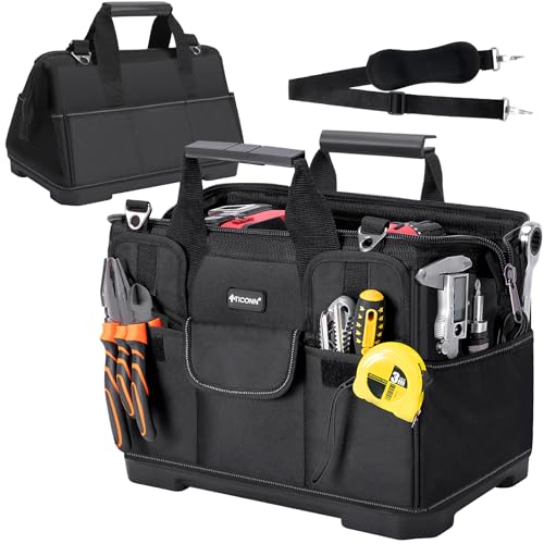 TICONN Heavy Duty Tool Bag Organizer, Portable Tool Box with Shoulder Strap - color: Black, size: 16" Molded Base