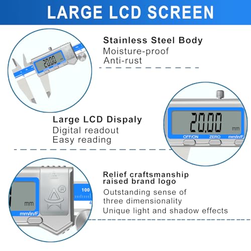 Digital Caliper 6 Inch Measuring Tool Stainless Steel Vernier Caliper Digital Micrometer with Large LCD Screen,Auto-Off Feature, Inch/Millimeter/Fraction Conversion Measuring Tool Caliper