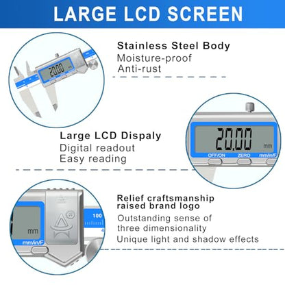 Digital Caliper 6 Inch Measuring Tool Stainless Steel Vernier Caliper Digital Micrometer with Large LCD Screen,Auto-Off Feature, Inch/Millimeter/Fraction Conversion Measuring Tool Caliper