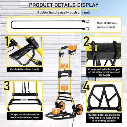Folding Hand Truck and Dolly, 440lbs Capacity Portable Luggage Dolly Cart with Rubber Wheels and Retractable Handle, Aluminum Foldable Hand Cart for Transportation/Luggage/Mobile/Travel/Office Use - color: Yellow