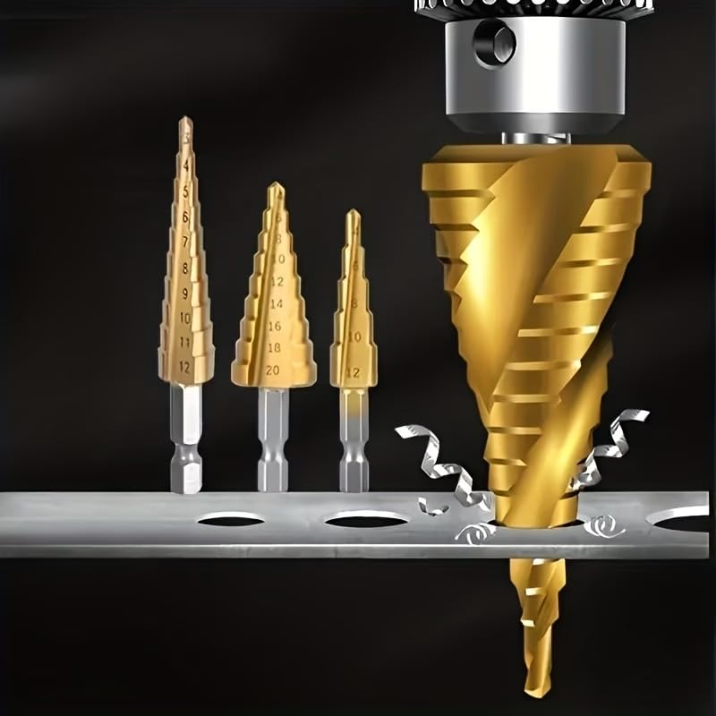 3 Piece Step Drill Bit Set Hex Shank Multi Size for Metal Plastic Wood Sheet Drilling Hole Enlarging Countersinking Deburring, 3Pcs
