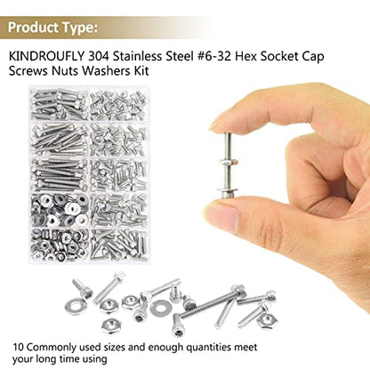252 Pieces #6-32 x 3/16", 1/4", 5/16", 3/8", 1/2", 5/8", 3/4", 1", Hex Socket Head Cap Screws Nuts Washers Assortment Kit, 304 Stainless Steel, Fully Machine Thread - size: #6-32, style: Socket Head