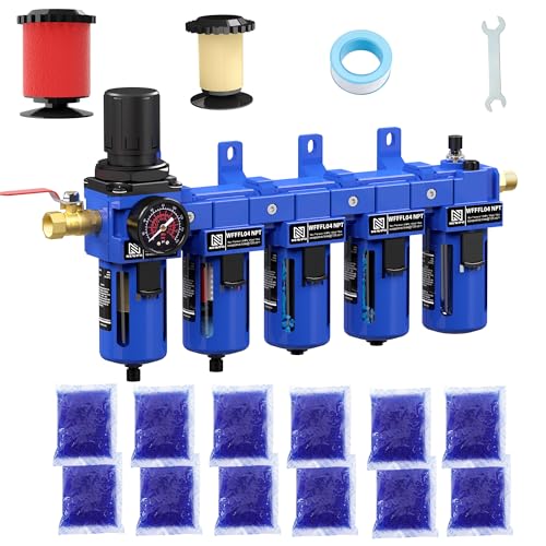 NEWPO 1/2" NPT 5 Stage Air Filter Regulator Lubricator Combo,Compressed Air System with Filtration,Desiccant Dryers,Water/Oil Trap Separator,Semi-Auto Drain, Metal Bracket - color: 2 Filter+2 Dryer, size: 1/2" NPT