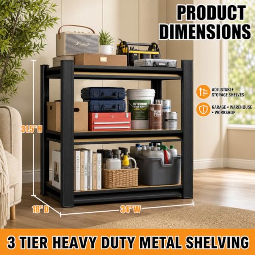 Heavy Duty Garage Shelving 3 Tier, 31.5" H × 34" W × 18" D - size: H31.5″× W34″× D18″