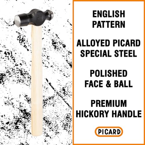 Picard Engineers Hammer 225g – Ball Peen Hammer, English Pattern, Polished Face & Ball, Alloyed Steel Head, Premium Hickory Handle, Ring Wedge Fixture for Secure Connection – 0000902-0225 - size: 8 oz