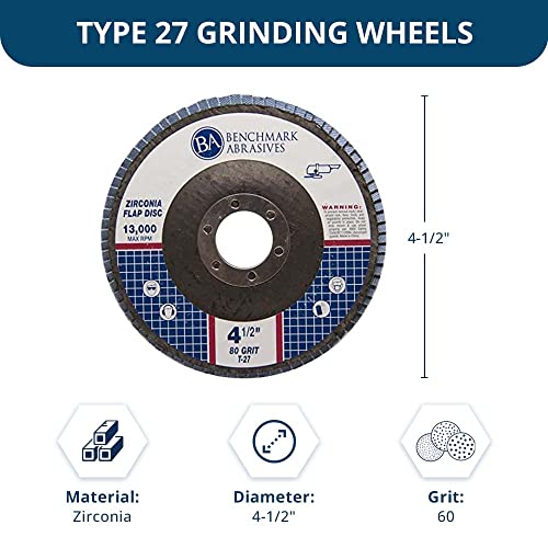 Benchmark Abrasives 4.5" Premium Zirconia Type 27 Flap Discs Grinding Wheels for Sanding Stock Rust Removal Finishing Grinding Deburring Stainless Steel, 7/8" Arbor (10 Pack) - 60 Grit - style: 60 Grit