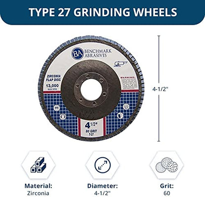 Benchmark Abrasives 4.5" Premium Zirconia Type 27 Flap Discs Grinding Wheels for Sanding Stock Rust Removal Finishing Grinding Deburring Stainless Steel, 7/8" Arbor (10 Pack) - 60 Grit - style: 60 Grit