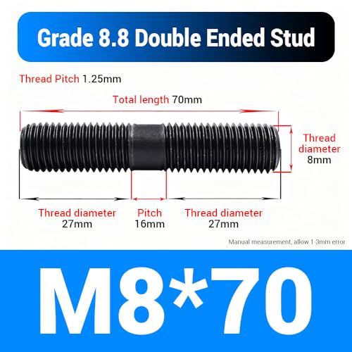 45pcs M8*70mm Double End Threaded Stud, Grade 8.8 Carbon Steel Black Oxide Finish Equal Long Threaded Rod Bar for Furniture Industrial Maintenance Connection Fasteners - size: M8*70-45PCS