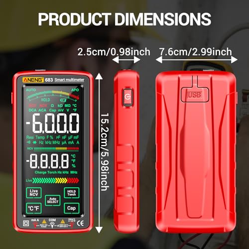 Smart Multimeter, Digital Multimeter Tester with Touch Screen 6000 Counts Auto Ranging Rechargeable A Reverse Display NCV Tester with Flashlight for Electricians, DIY (Red) - color: Red