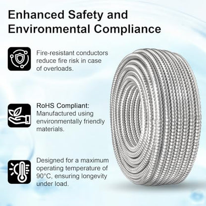 XRDS -RF 6 AWG/3 MC Cable with Ground 15FT, 6/3 Stranded Copper Conductors with Solid Ground Wire, Flexible Aluminum Armor, THHN 8/3 Electrical Wire for EV Chargers and Sub-Panels - size: 15FT