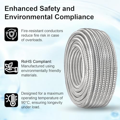 XRDS -RF 6 AWG/3 Metal Clad (MC) Armor Cable with Ground, 10FT 6/3 Stranded Copper Conductors for EV Chargers, Ranges, and Heavy-Duty Feeders, Flexible Aluminum Armor, THHN/THWN Insulation - size: 10FT