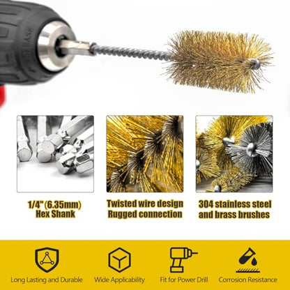 8 Pcs Bore Brush Set - 304 Stainless Steel & Brass Drill Wire