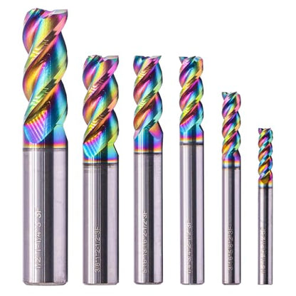 6Pcs 3 Flute 1/8"-1/2" Solid Carbide End Mill Set for Aluminum, DLC Coated